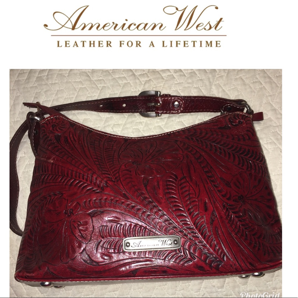 American West Tooled/Studded Berry Leather Bag